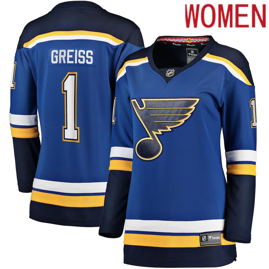 Women St. Louis Blues #1 Thomas Greiss Fanatics Branded Blue Home Breakaway Player NHL Jersey